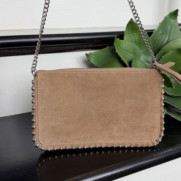 Zara Handbags - Zara genuine leather suede crossbody clutch shoulder bag studded neutral